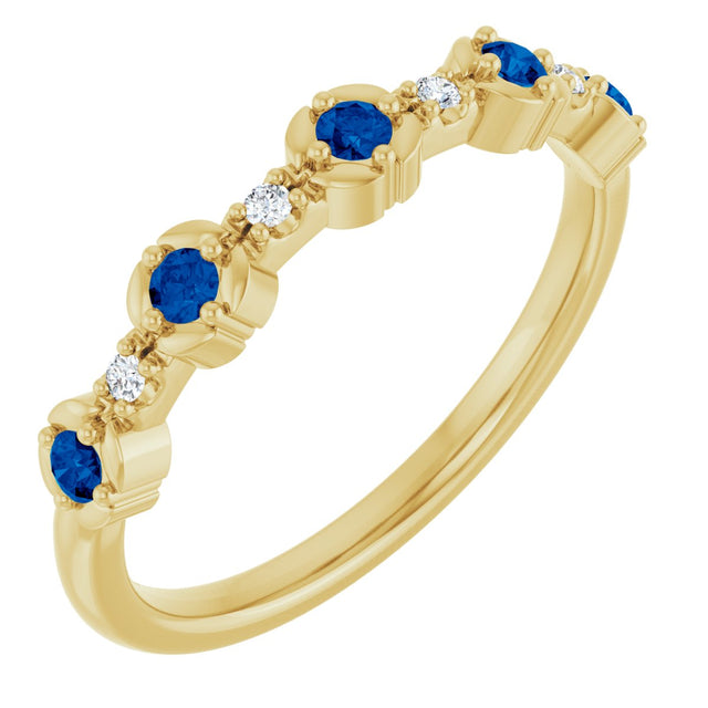 14K Gold Round Natural Blue Sapphire & Natural Diamond Stackable Ring – 2mm Stones - Yellow Gold