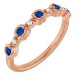 14K Gold Round Natural Blue Sapphire & Natural Diamond Stackable Ring – 2mm Stones - Rose Gold