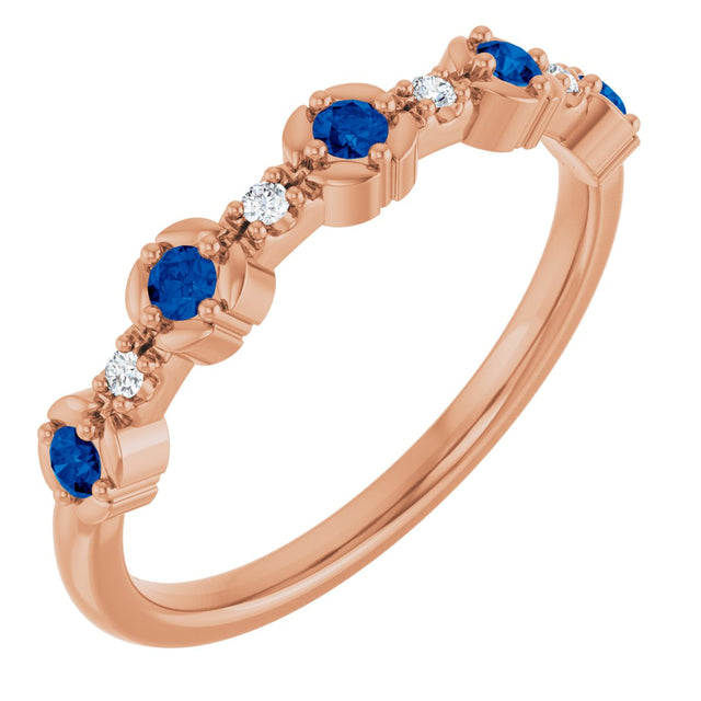 14K Gold Round Natural Blue Sapphire & Natural Diamond Stackable Ring – 2mm Stones - Rose Gold