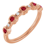14K Gold Round Natural Ruby & Natural Diamond Stackable Ring – 2mm Stones - Rose Gold