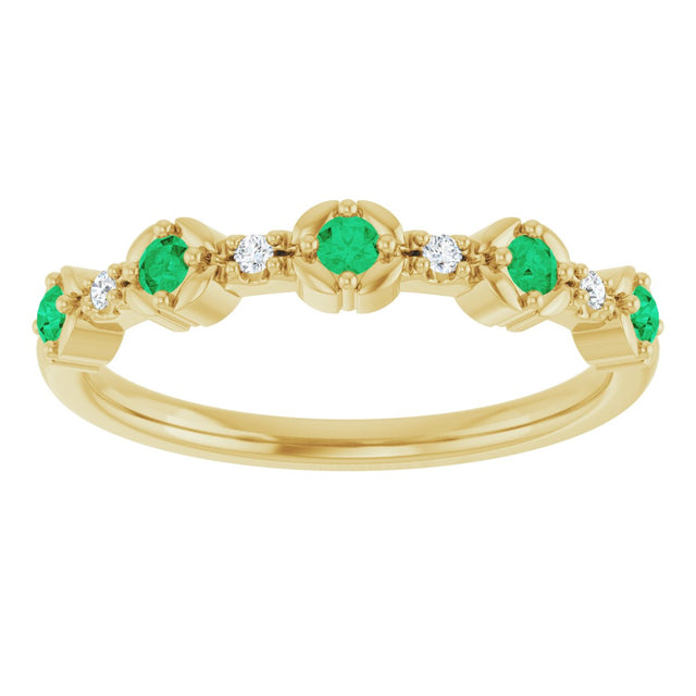 14K Gold Round Natural Emerald & Natural Diamond Stackable Ring – 2mm Stones - Yellow Gold - view 2