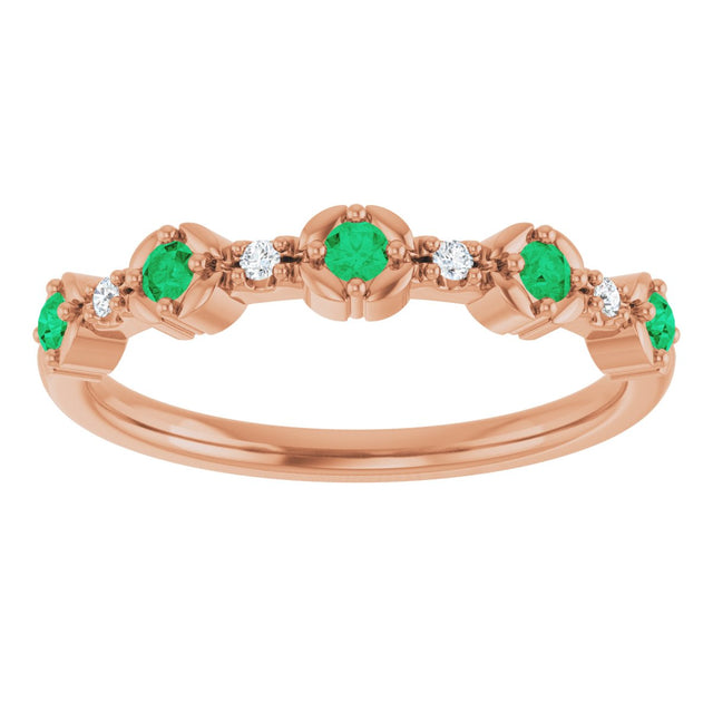 14K Gold Round Natural Emerald & Natural Diamond Stackable Ring – 2mm Stones - Rose Gold - view 2