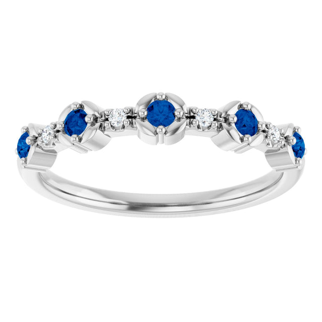 14K Gold Round Natural Blue Sapphire & Natural Diamond Stackable Ring – 2mm Stones - White Gold - view 2