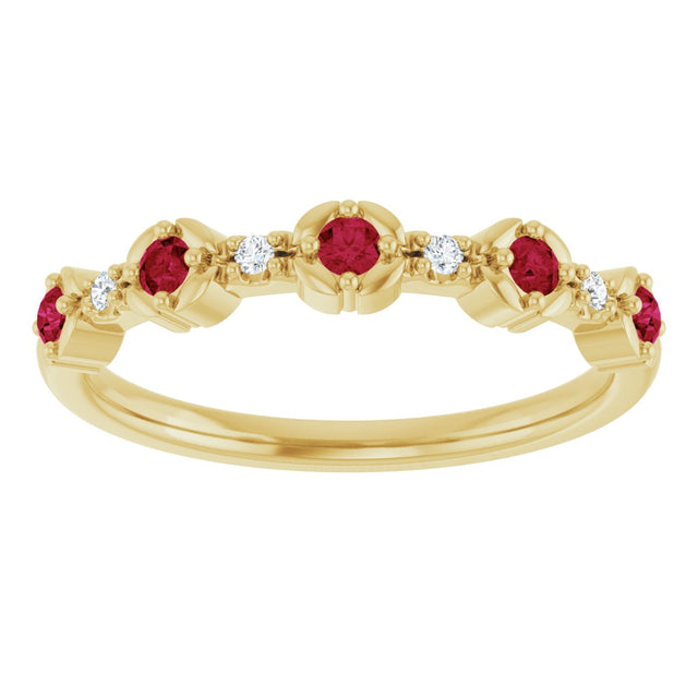 14K Gold Round Natural Ruby & Natural Diamond Stackable Ring – 2mm Stones - Yellow Gold - view 2