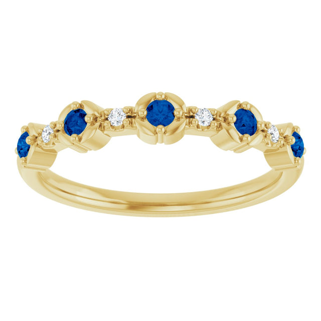 14K Gold Round Natural Blue Sapphire & Natural Diamond Stackable Ring – 2mm Stones - Yellow Gold - view 2