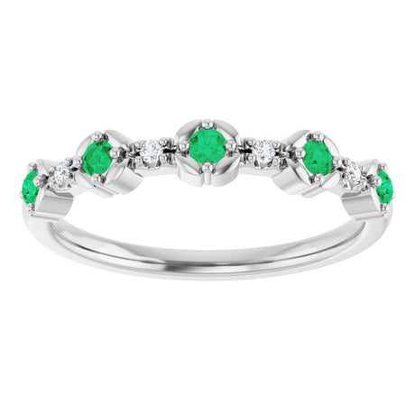Platinum Round Natural Emerald & Natural Diamond Stackable Ring - view 2