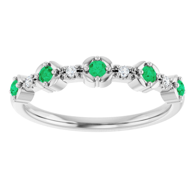 Platinum Round Natural Emerald & Natural Diamond Stackable Ring - view 2