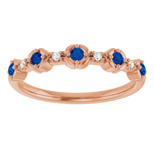 14K Gold Round Natural Blue Sapphire & Natural Diamond Stackable Ring – 2mm Stones - Rose Gold - view 2