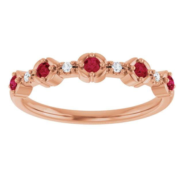14K Gold Round Natural Ruby & Natural Diamond Stackable Ring – 2mm Stones - Rose Gold - view 2