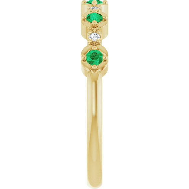 14K Gold Round Natural Emerald & Natural Diamond Stackable Ring – 2mm Stones - Yellow Gold - view 3