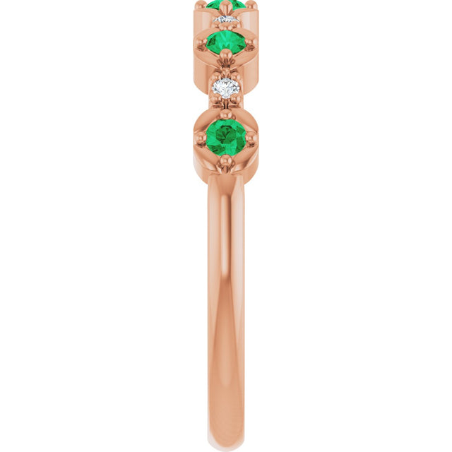 14K Gold Round Natural Emerald & Natural Diamond Stackable Ring – 2mm Stones - Rose Gold - view 3