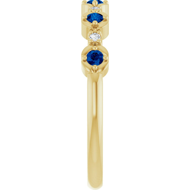 14K Gold Round Natural Blue Sapphire & Natural Diamond Stackable Ring – 2mm Stones - Yellow Gold - view 3