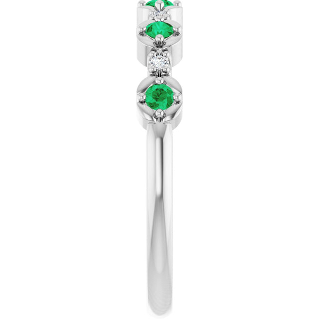 Platinum Round Natural Emerald & Natural Diamond Stackable Ring - view 3