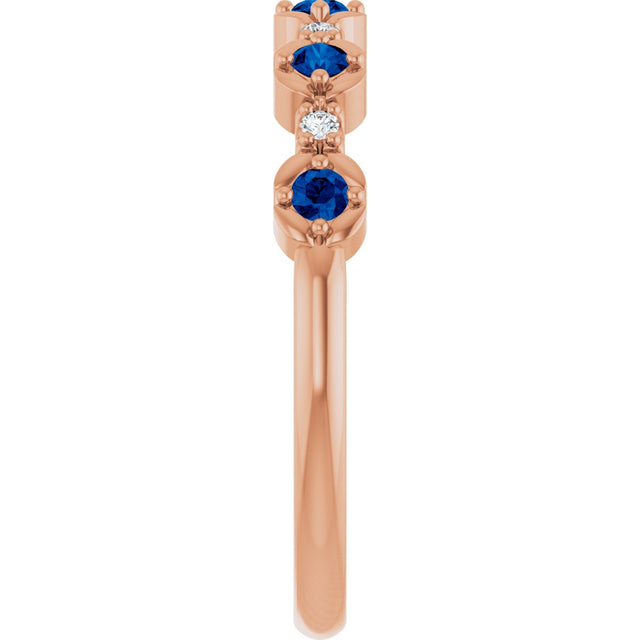 14K Gold Round Natural Blue Sapphire & Natural Diamond Stackable Ring – 2mm Stones - Rose Gold - view 3