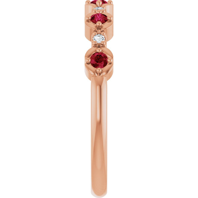 14K Gold Round Natural Ruby & Natural Diamond Stackable Ring – 2mm Stones - Rose Gold - view 3