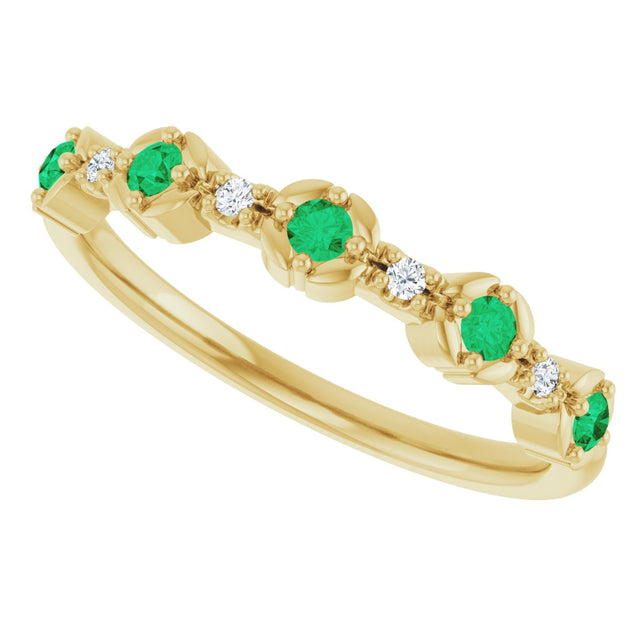 14K Gold Round Natural Emerald & Natural Diamond Stackable Ring – 2mm Stones - Yellow Gold - view 4