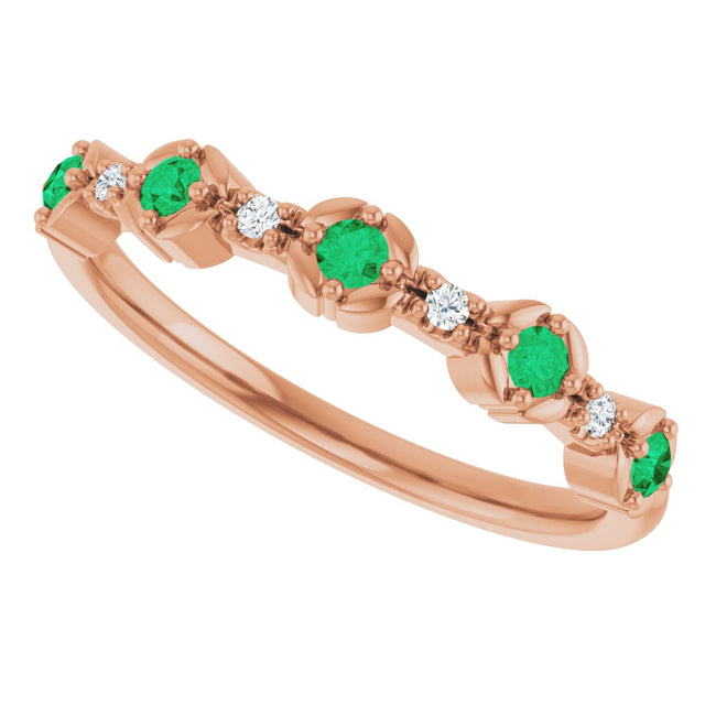 14K Gold Round Natural Emerald & Natural Diamond Stackable Ring – 2mm Stones - Rose Gold - view 4