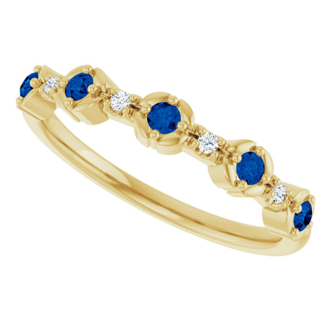 14K Gold Round Natural Blue Sapphire & Natural Diamond Stackable Ring – 2mm Stones - Yellow Gold - view 4