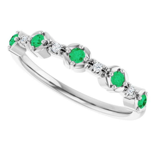 Platinum Round Natural Emerald & Natural Diamond Stackable Ring - view 4