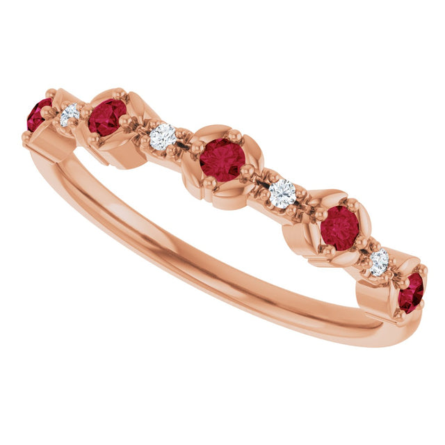 14K Gold Round Natural Ruby & Natural Diamond Stackable Ring – 2mm Stones - Rose Gold - view 4