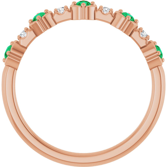 14K Gold Round Natural Emerald & Natural Diamond Stackable Ring – 2mm Stones - Rose Gold - view 5