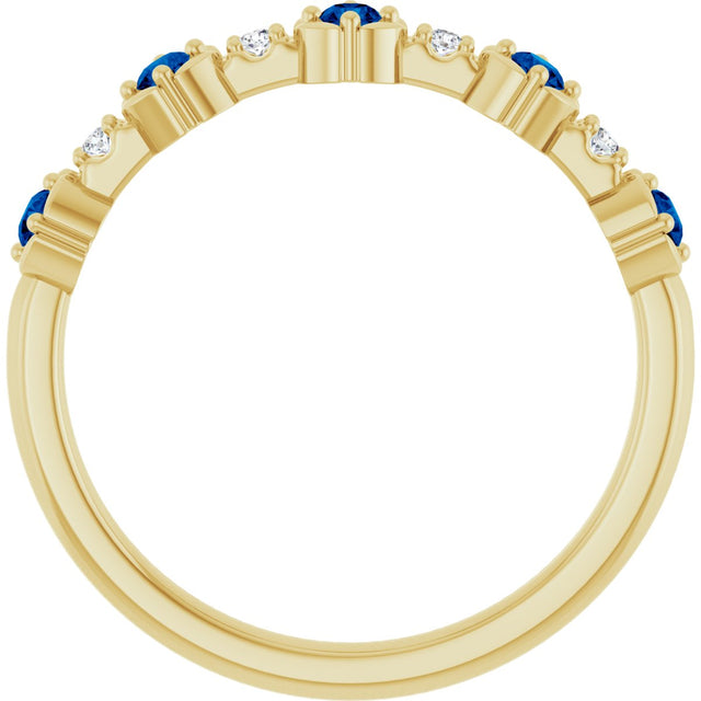 14K Gold Round Natural Blue Sapphire & Natural Diamond Stackable Ring – 2mm Stones - Yellow Gold - view 5
