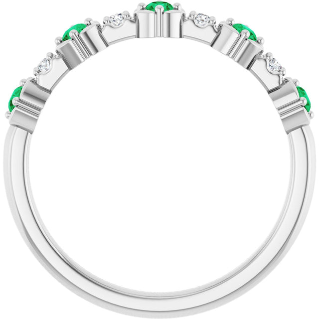 Platinum Round Natural Emerald & Natural Diamond Stackable Ring - view 5