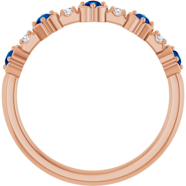 14K Gold Round Natural Blue Sapphire & Natural Diamond Stackable Ring – 2mm Stones - Rose Gold - view 5