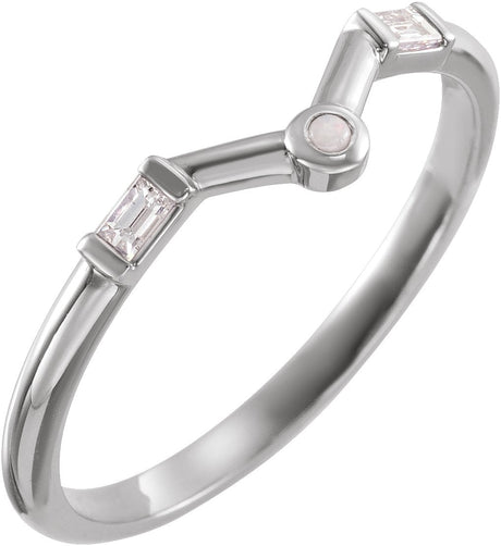 Platinum Round Natural White Opal & Natural Diamond Accented Cabochon V Ring