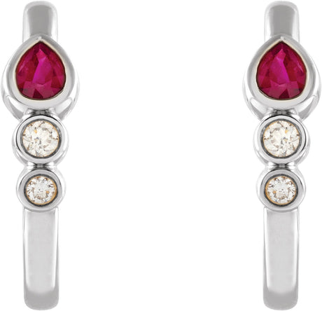 Platinum Pear Natural Ruby & Natural Diamond Bezel-Set Hoop Earrings - view 2