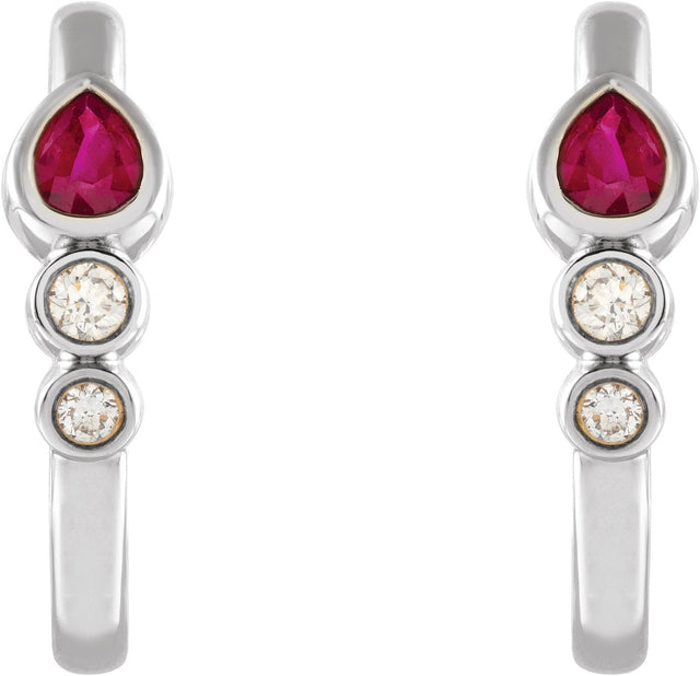 14K Gold Pear Natural Ruby & Natural Diamond Bezel-Set Hoop Earrings - White Gold - view 2