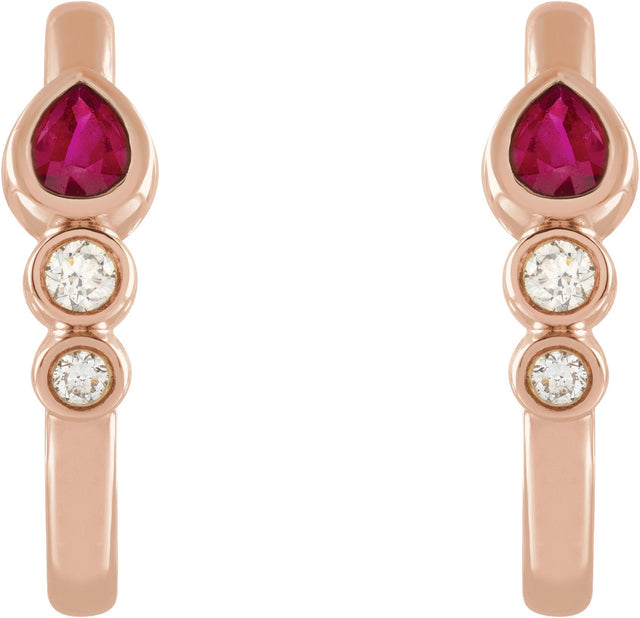14K Gold Pear Natural Ruby & Natural Diamond Bezel-Set Hoop Earrings - Rose Gold - view 2