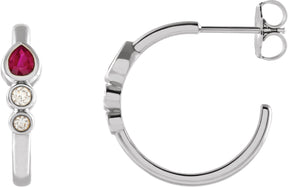 Platinum Pear Natural Ruby & Natural Diamond Bezel-Set Hoop Earrings