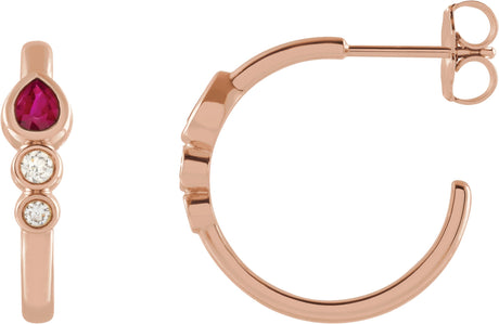 14K Gold Pear Natural Ruby & Natural Diamond Bezel-Set Hoop Earrings - Rose Gold