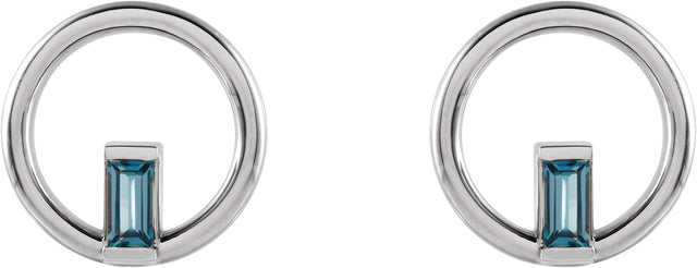 14K Gold Straight Baguette Natural London Blue Topaz Baguette Circle Earrings - White Gold - view 2