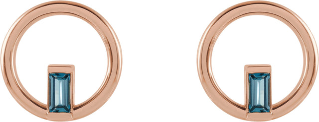 14K Gold Straight Baguette Natural London Blue Topaz Baguette Circle Earrings - Rose Gold - view 2