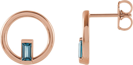 14K Gold Straight Baguette Natural London Blue Topaz Baguette Circle Earrings - Rose Gold