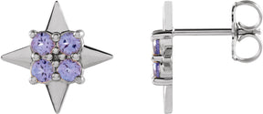 14K Gold Round Natural Tanzanite Star Earrings - White Gold