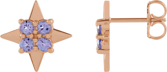 14K Gold Round Natural Tanzanite Star Earrings - Rose Gold