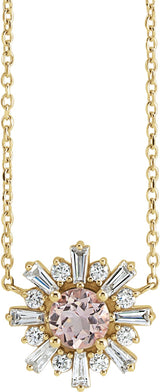 14K Gold Round Natural Pink Morganite & Natural Diamond Starburst Necklace - Yellow Gold
