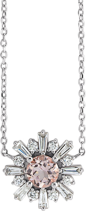Platinum Round Natural Pink Morganite & Natural Diamond Starburst Necklace