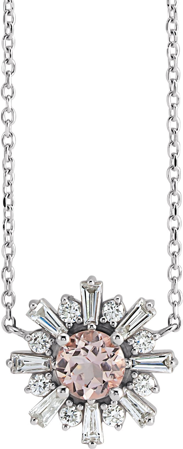 Platinum Round Natural Pink Morganite & Natural Diamond Starburst Necklace