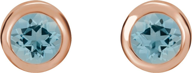 14K Gold Natural Aquamarine Round Bezel-Set Birthstone Stud Earrings - Rose Gold - view 4