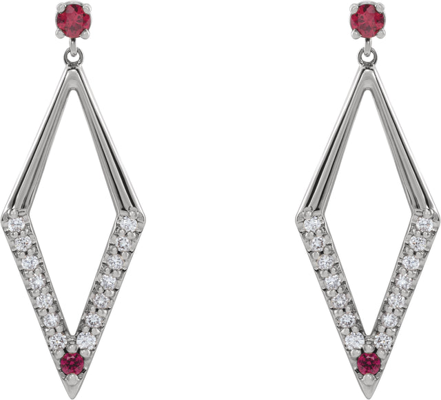 14K Gold Round Natural Ruby & Natural Diamond Accented Geometric Earrings - White Gold - view 2