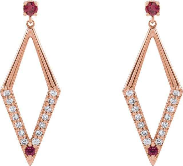 14K Gold Round Natural Ruby & Natural Diamond Accented Geometric Earrings - Rose Gold - view 2