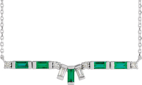 14K Gold Straight Baguette Natural Emerald & Natural Diamond Baguette Bar Necklace - White Gold