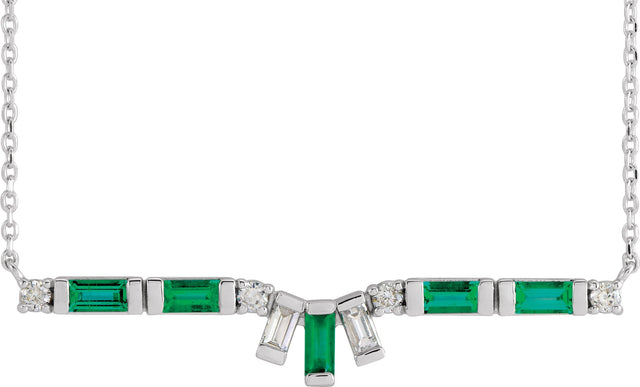 14K Gold Straight Baguette Natural Emerald & Natural Diamond Baguette Bar Necklace - White Gold