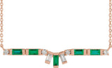 14K Gold Straight Baguette Natural Emerald & Natural Diamond Baguette Bar Necklace - Rose Gold