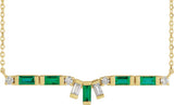 14K Gold Straight Baguette Natural Emerald & Natural Diamond Baguette Bar Necklace - Yellow Gold