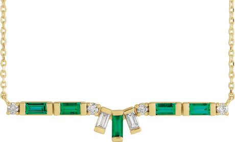 14K Gold Straight Baguette Natural Emerald & Natural Diamond Baguette Bar Necklace - Yellow Gold